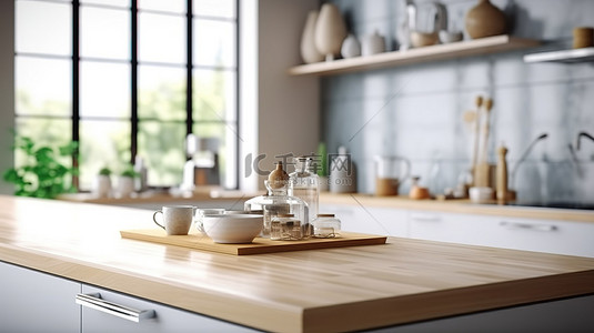 时尚时尚的厨房设计，配有木质桌面和模糊背景 3D 渲染