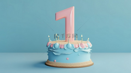 3D 渲染中的柔和生日蛋糕派对，包含 7 号蜡烛和蓝色背景空间包含文本