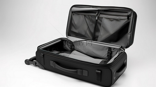 与手提包背景图片_3d 孤立插图白色背景与开放黑色旅行袋