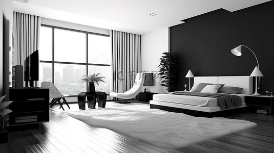 时尚黑白客厅和卧室的时尚 3D 渲染，配有黑色木质家具
