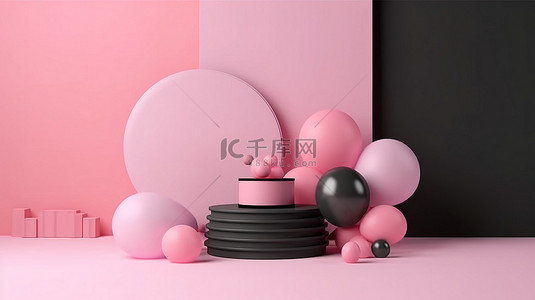 黑色星期五销售讲台样机的 3D 渲染，背景为粉红色气球装饰