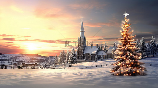 3d 渲染圣诞快乐场景与教堂和节日树