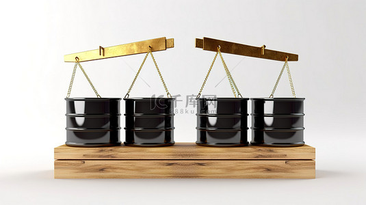 带有黑油桶和金条的简单体重秤的 3D 渲染