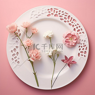 粉色背景上摆满鲜花的白色盘子