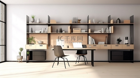 完整工作背景图片_现代 3D 渲染完整的办公室设置，配有橱柜架装饰办公桌和边椅