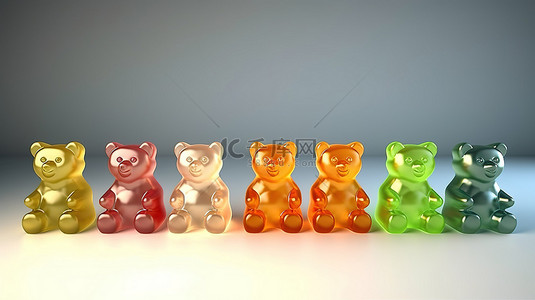 水果小熊背景图片_充满活力的彩虹果冻带有 3D 渲染的美味佳肴