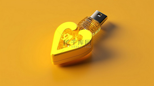 存背景图片_用黄色心形闪存驱动器发送爱，体现通过3D渲染在爱情和关系中数据传输的概念