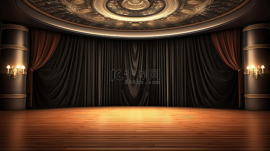 剧院舞台的 3D 插图，配有黑色天鹅绒窗帘，没有观众
