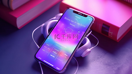 紫色手机的 3D 渲染，配有音乐小部件，非常适合欣赏音乐有声读物和播客