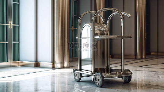 空的银色豪华酒店行李手推车的 3D 渲染在酒店房间门前特写拍摄