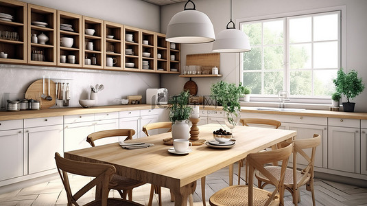 家居背景背景图片_3D 渲染木制斯堪的纳维亚农舍厨房的插图，配有餐桌和菜肴