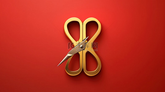 手剪刀徽章闪闪发光的金色剪刀在光滑的红金板 3D 渲染的社交媒体符号