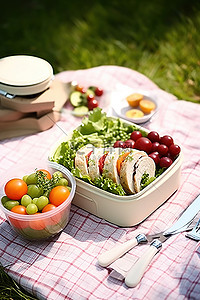 午餐盒沙拉和各种蔬菜和水果的野餐