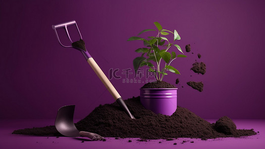 园艺工具和小植物种植在孤立的紫色背景上的 3D 渲染
