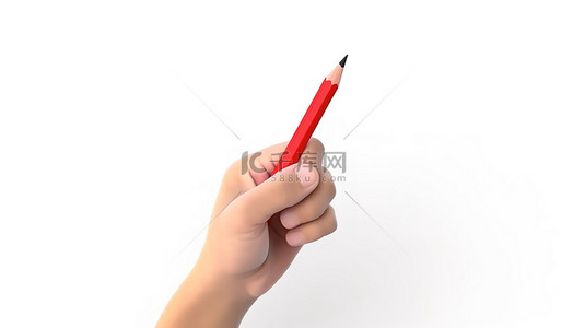 商业教育背景图片_手持红色铅笔样机商业卡通风格白色背景 3D 渲染