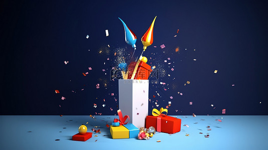 新年主题背景图片_太空主题新年贺卡，配有 3D 礼品火箭和节日背景的五彩纸屑