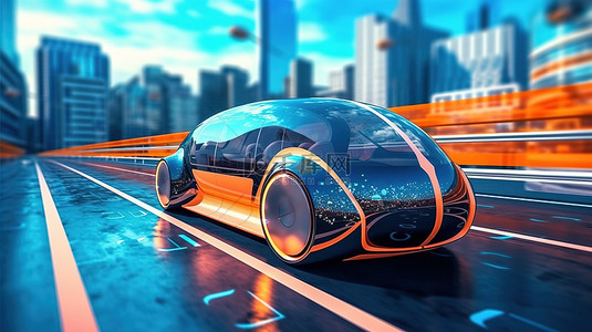 虚拟宇宙城市道路上未来汽车的 3d 渲染