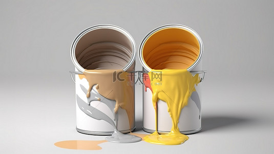 两个油漆桶的 3D 渲染，一个打开隔离在白色背景前视图模型上