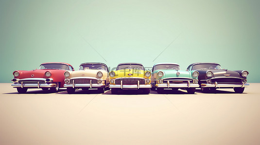 车展背景图片_以 3D 渲染的老式汽车排成一排