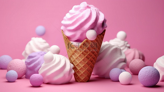 充满活力的 3D 插图，展示粉红色华夫饼锥体，上面有蓬松的冰淇淋
