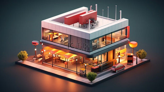 等距视图 3D 渲染中的简约集装箱商店和汉堡餐厅