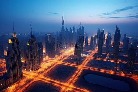 迪拜背景图片_黄昏空中的迪拜地平线