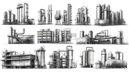 单色背景图片_工业设施和设备锅炉桶和工厂单色设计元素的集合