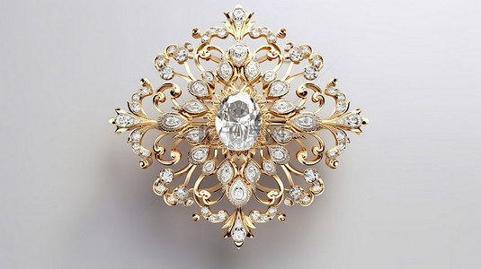 复古巴洛克胸针，白色背景上镶有钻石和宝石 3D 渲染珠宝