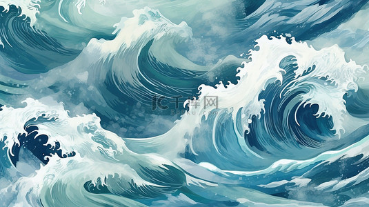 蓝色和绿色画笔描边纹理背景上日本海洋波浪图案的复古风格 3D 插图