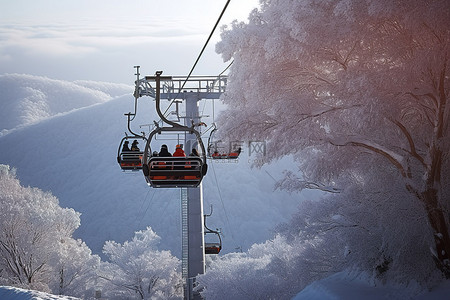 冬天里的中国背景图片_中国北方的滑雪缆车，冬天里有人在上面