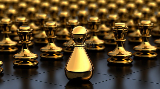 3D 渲染中一大群黑色棋子中的一个孤立的金色棋子