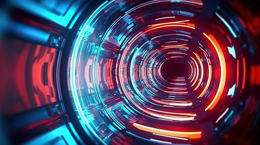 科技循环背景图片_循环 3D 渲染抽象网络空间中充满活力的红色和蓝色科幻隧道机