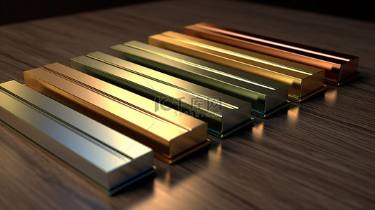金银和铜牌金融金条的 3D 渲染插图