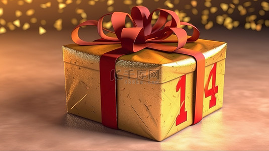 带红丝带的金色惊喜盒，以 3D 渲染庆祝快乐的 14 岁生日