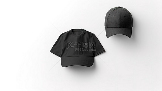 服装白色背景图片_空帆布黑色 T 恤和帽子，带有特写视图，可在 3D 渲染的白色背景上进行定制