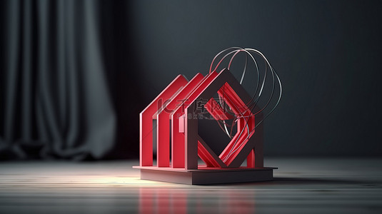 灰色背景下房屋形框架内红色心形物体的 3D 渲染，描绘了检疫期间在家安全工作的重要性