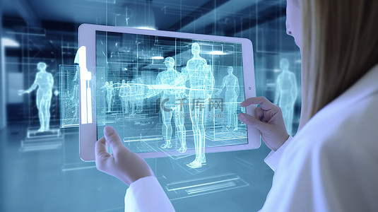 健康艺术字背景图片_女医生使用的数字平板电脑 3D 合成图像