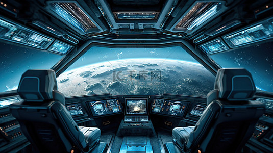 地球内部背景图片_3D 渲染的宇宙飞船内部，俯瞰遥远的行星系统，配有 NASA 家具元素