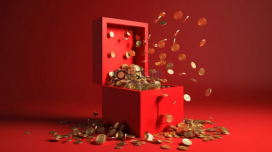 新年豪礼背景图片_红色背景下 3D 渲染的金丝带从红色礼品盒中倾泻而出的硬币