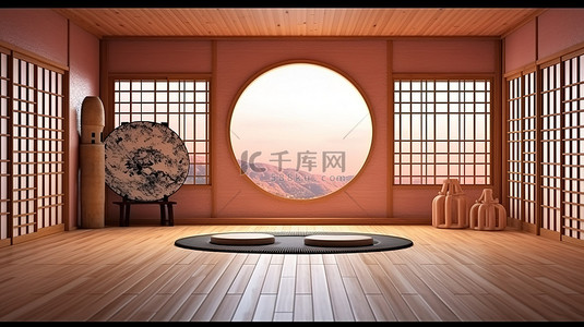 传统中式房间，配有圆形窗户木质设计和日式榻榻米令人惊叹的 3D 渲染