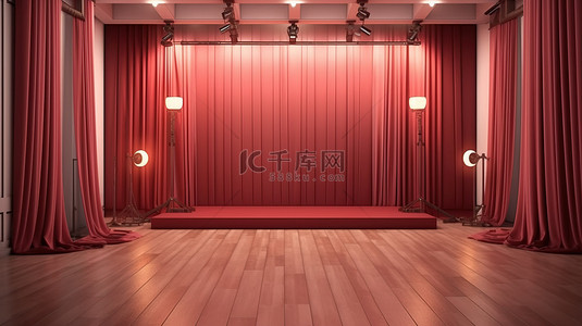 红地毯背景图片_vip 概念在照相馆的木质背景上渲染软箱照明和红地毯