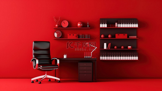 背景图单色背景图片_带有单色3D桌椅图标的红色主题办公空间