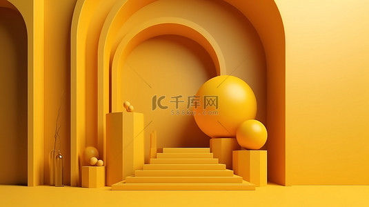 黄色主题背景图片_黄色主题 3D 渲染展示抽象几何形状的舞台讲台和展示