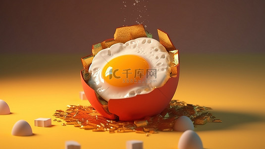 阳光明媚的早餐，带有比特币蛋黄的扭曲 3D 渲染