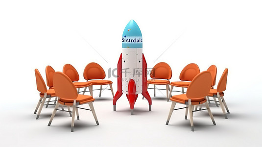 创业背景图片_创业主题火箭，周围环绕着 3D 渲染的白色背景上的椅子