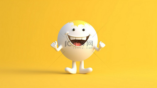 黄色背景下带有白牙和地球仪的微笑吉祥物的 3D 渲染