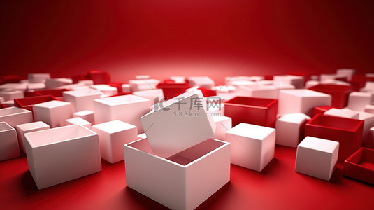 红色和白色的节日 3D 礼品盒，带有鲜艳的红色背景
