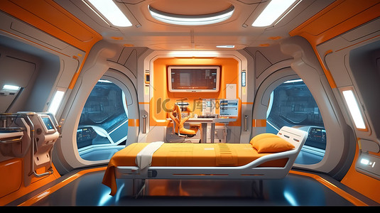 空间站卧室的 3D 渲染，具有未来派科幻氛围和地球景观