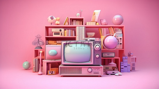 3D 渲染中的老式粉红色电视和彩色柔和的作家收音机