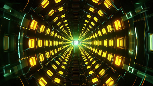科技循环背景图片_未来隧道一台科幻机器在抽象的黄绿灯 3D 渲染循环中穿越网络空间